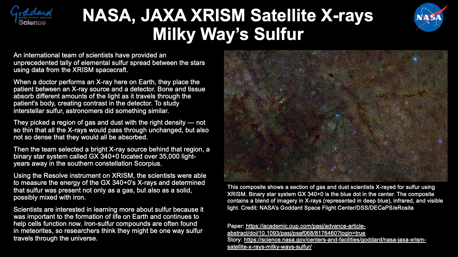 Research thumbnail: NASA, JAXA XRISM Satellite X-rays Milky Way's Sulfur